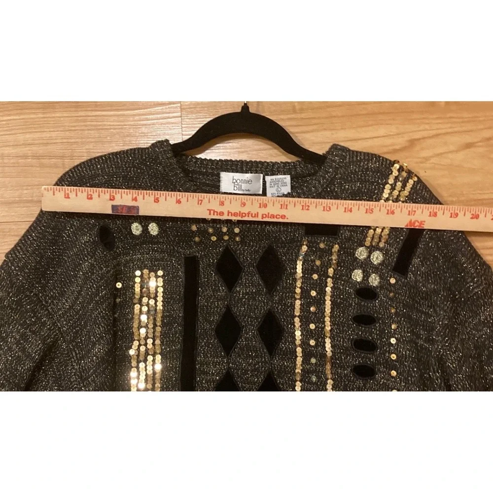 Vintage 80s Bonnie Bill Women L Black Sequin Velvet Geometric Knit Sweater Party